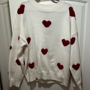 Cozy Heart Pattern Sweater - Cream and Red